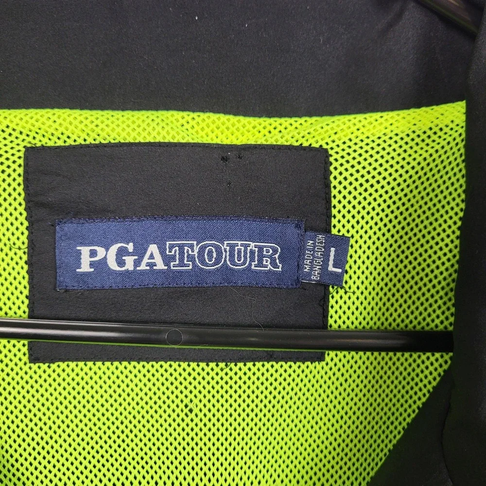 PGA TOUR Golf Vest Mens Large Black Neon Yellow Full Zip Lightweight Windbreaker